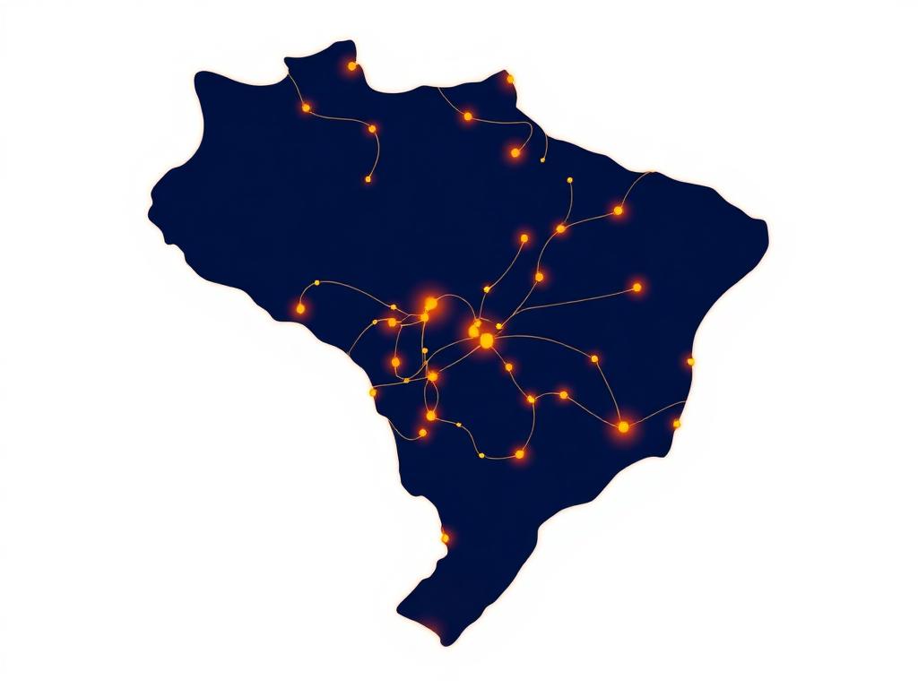 Mapa estilizado do Brasil com pontos de atendimento