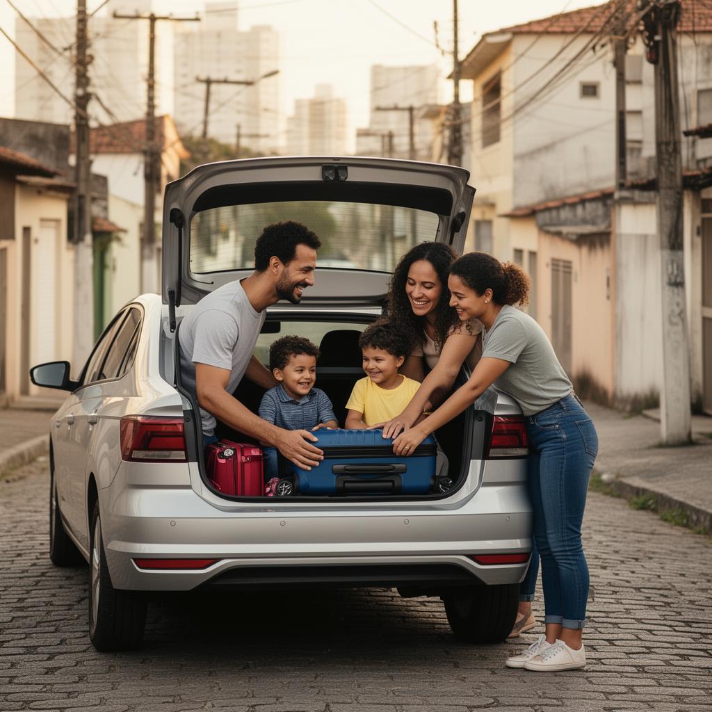 Família paulistana carregando o carro para uma viagem